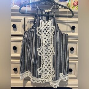 Entro Navy and White Striped Tank Top with Lace Detail